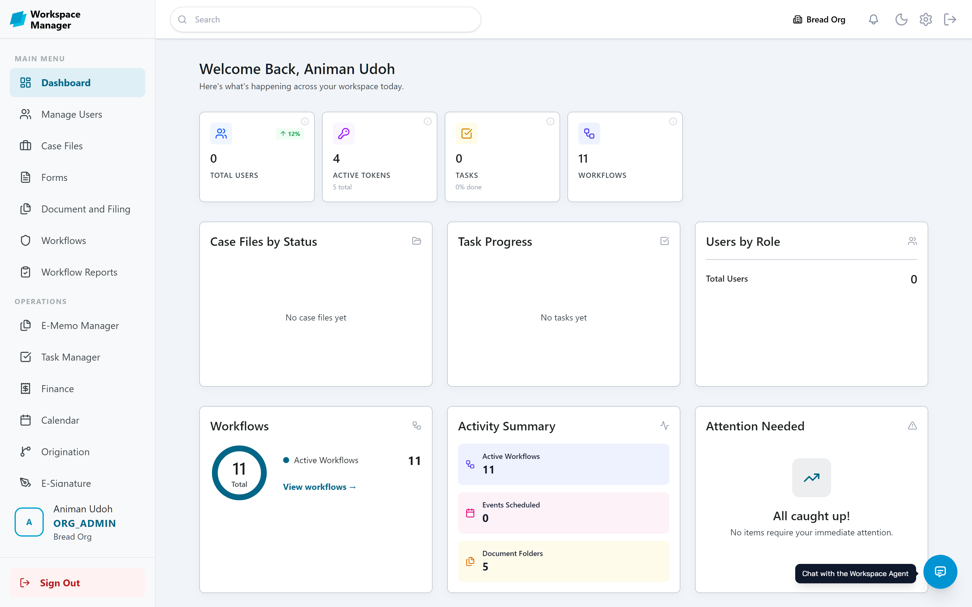 Approovia Workspace Manager dashboard showing workflows, activity summary, and case files