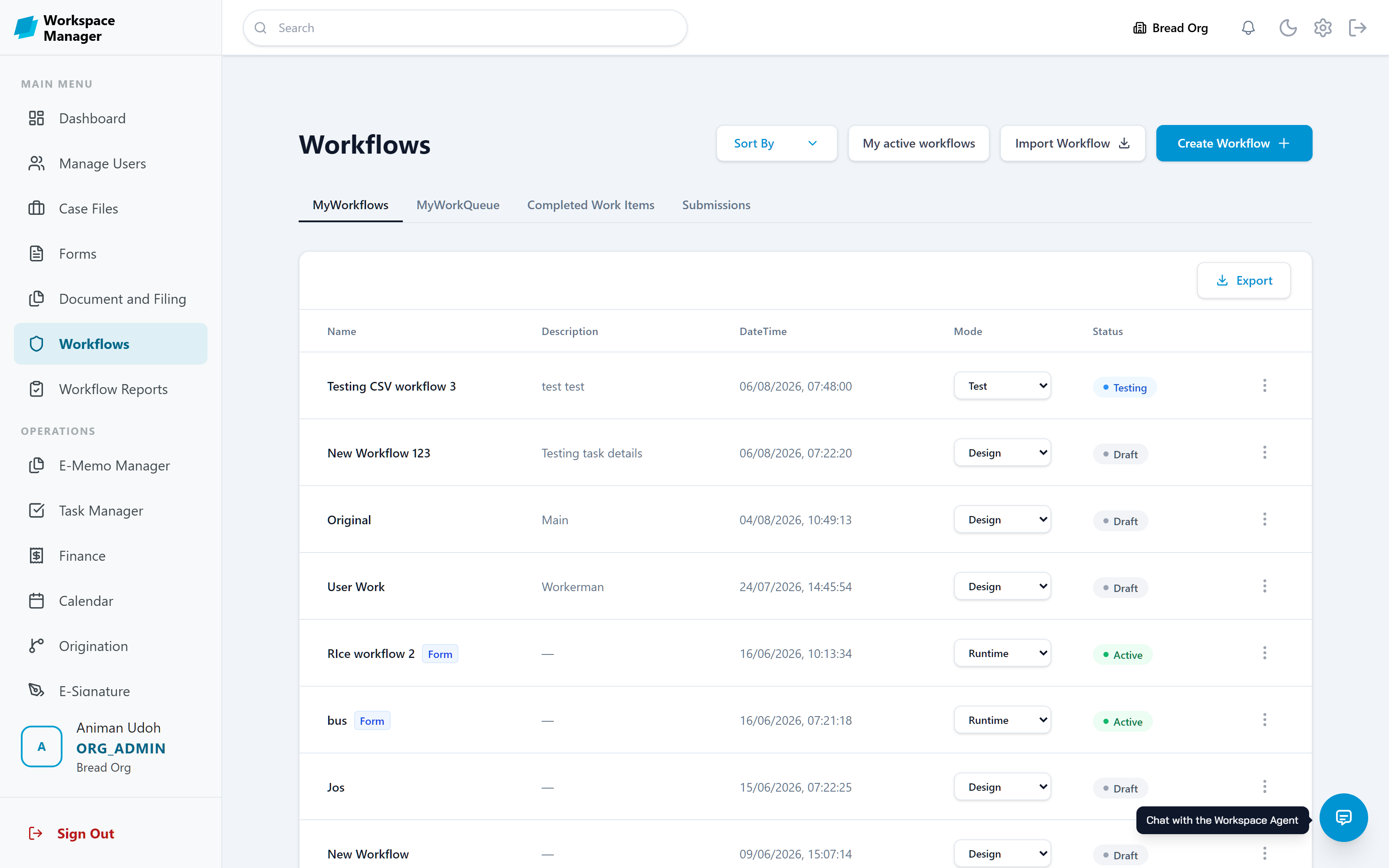 Workflows list showing design, test, and runtime modes with statuses
